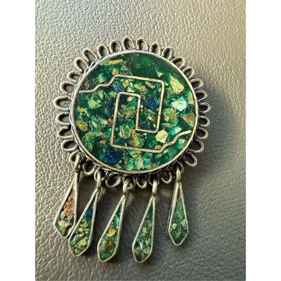 Vintage Mexico Sterling Silver & Turquoise Pendant Brooch Geometric EXCELLENT - Picture 5 of 8